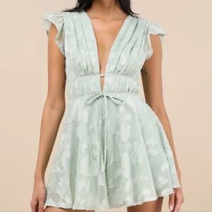 Lulu's Sage Floral Plunging V-Neck Mini Dress